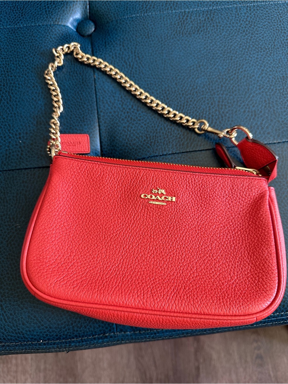 COACH Pebbled Leather Chain Shoulder Bag in orange